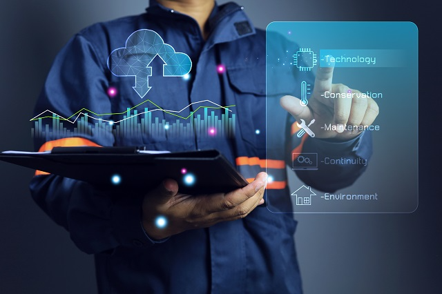 Person using advanced facility management software with innovative capabilities on a tablet