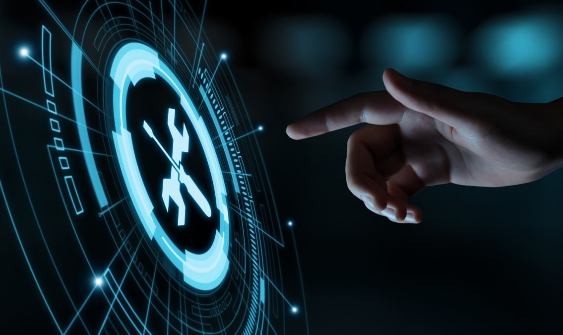 Person's hand touching a digital interface with tool and asset maintenance icons